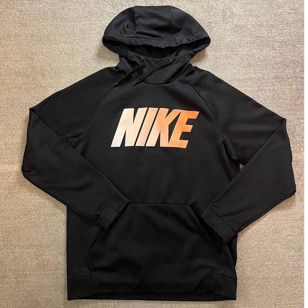Nike Mens Dri-FIT Hoodie Black Orange Gradient Logo Sweatshirt M Streetwear